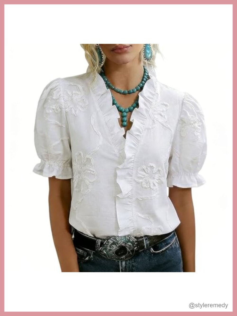 Floral Embroidered V-Neck Puff Sleeve Cotton Blouse Boho Casual Top